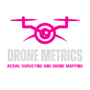 Drone Metrics Logo | Aerial Surveying and Drone Mapping A logo with the picture of a drone, and underneath, the name "Drone Metrics" and the streamline: Aerial Surveying and Drone Mapping